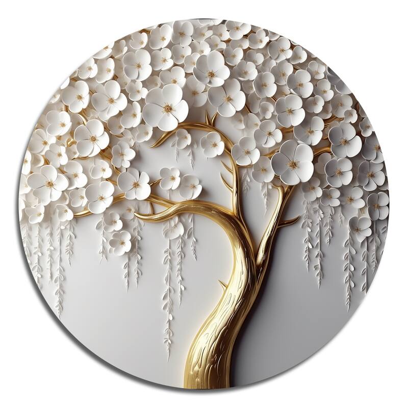 Designart "White Orchid Tree Garden Of Branches II" Tree Floral Metal Round Wall Art
