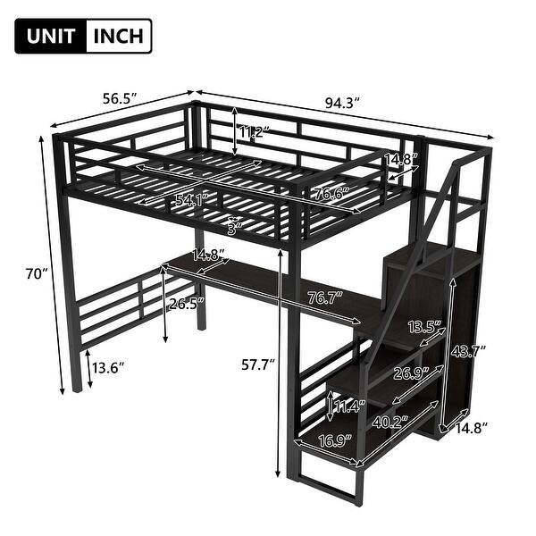 Full Size Metal Loft Bed with Desk, Wardrobe, and Storage Stairs