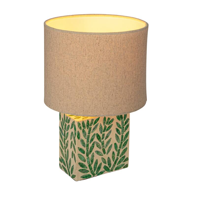 Reclaimed Wood and Shell Botanical Table Lamp with Linen Shade - 9.1"L x 9.1"W x 13.6"H
