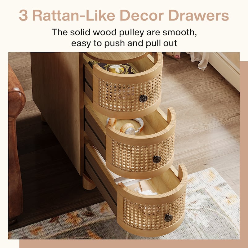 Solid Wood End Table, 3-Drawer Rattan Side Table, Night Stand with Exquisite Embossed Handles