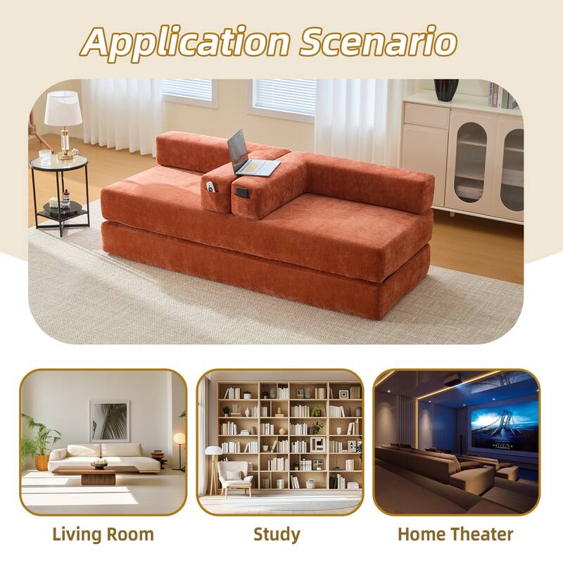 6-in-1 Folding Memory Foam Sleeper Sofa Bed Chenille Floor Chaise Lounge Couch with Side Pocket, Removable & Washable Cover