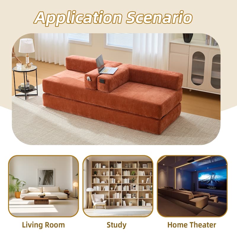 HOMEFUN Chenille Upholstered Convertible Foldable Memory Foam Sleeper Sofa with Pillows for Living Room