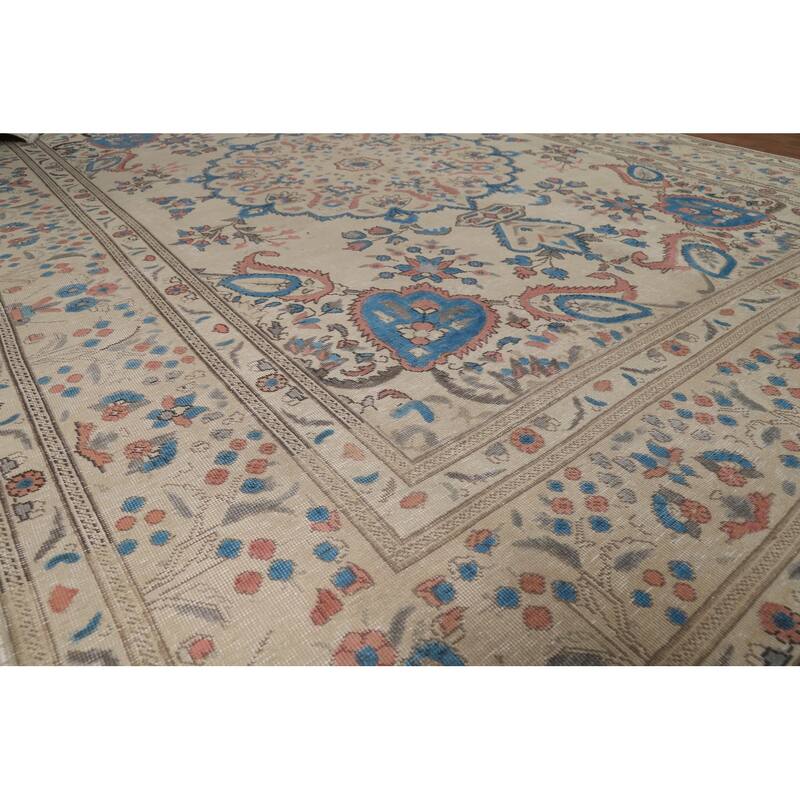Floral Tabriz Persian Area Rug Traditional Beige Handmade Wool Carpet - 8'1"x 10'11"