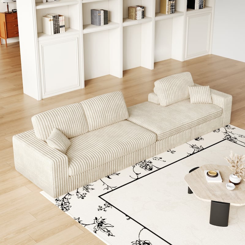 L-Shaped Sectional Sofa with Chaise Lounge, Corduroy Modular Foam Sofa, Upholstered Sofa with 2 Cushion & 2 Throw Pillows