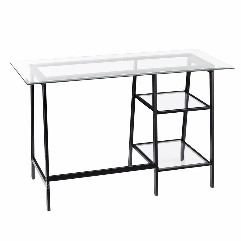 Clear Glass Black Metal Writing Desk with Shelves and Rectangular Desk