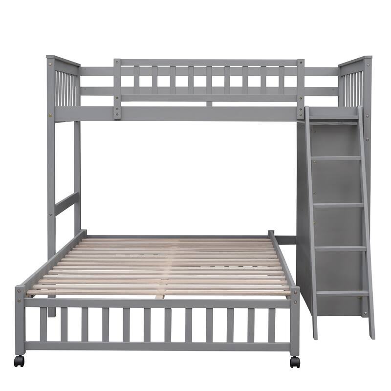 Twin Over Full Wood Bunk Bed with Six Drawers and Shelves