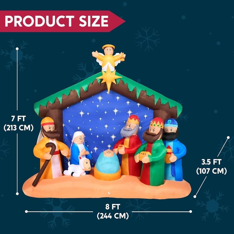 8 FT Long Christmas Inflatables Nativity Scene, Christmas Blow Up Nativity Set with Build-in LEDs - Multicolor