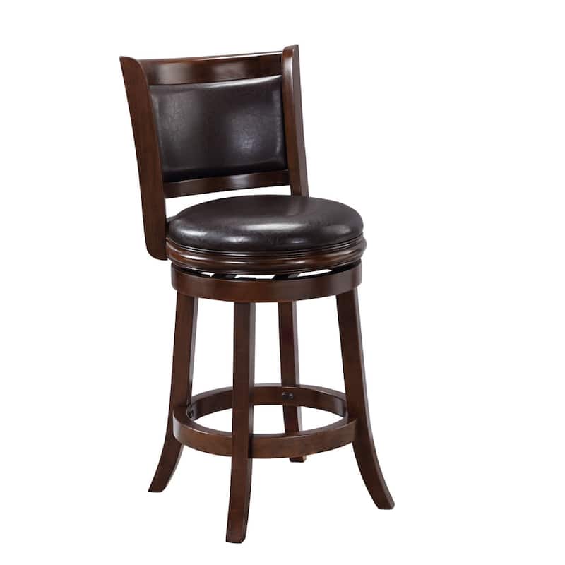 Pal 24 Inch Swivel Counter Stool, Solid Wood, Faux Leather, Cappuccino Brown