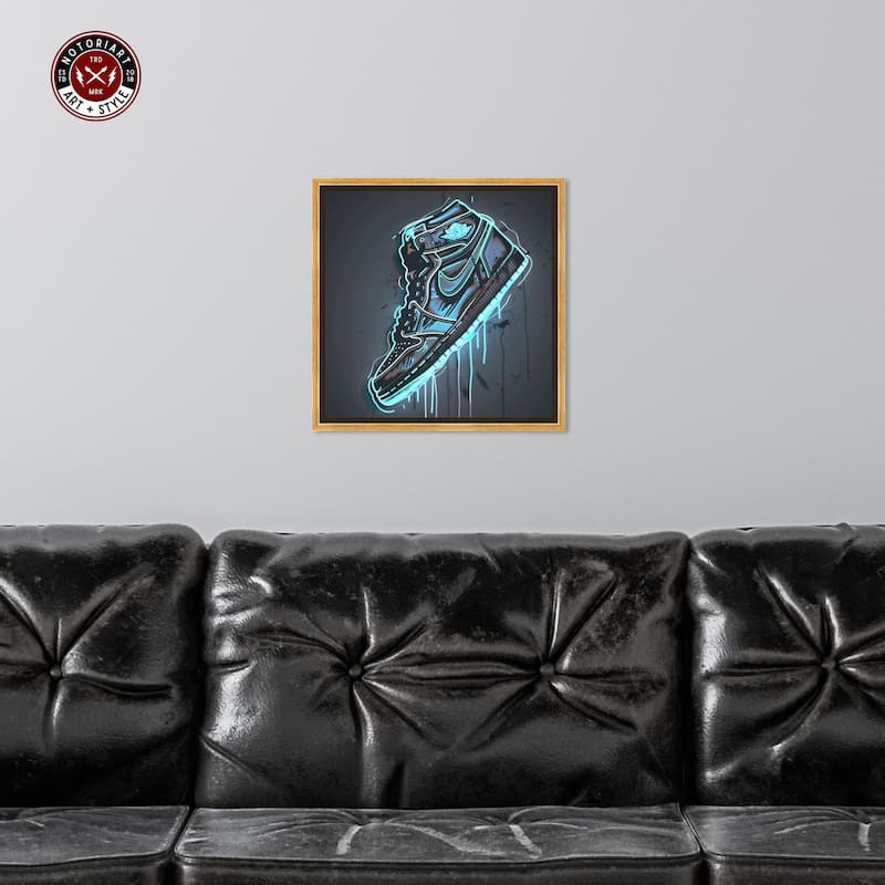 Notoriart Blue Glow Sneaker Framed Sneaker 1 Piece Canvas Wall Art