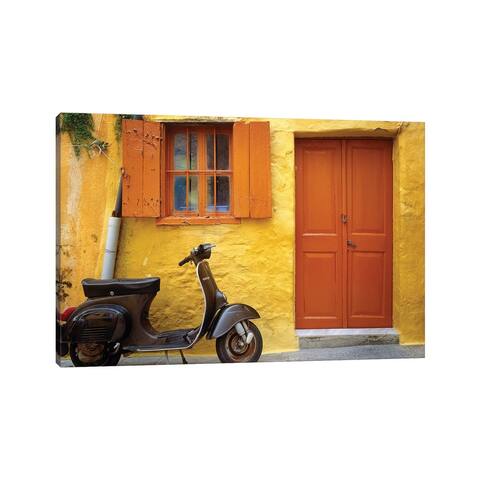 iCanvas "Greece, Rhodes. Vespa motorbike and colorful house exterior. " by Jaynes Gallery Canvas Print