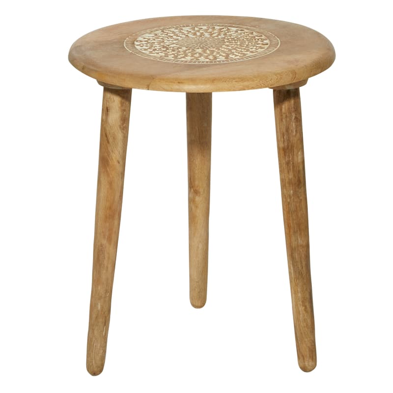 Mango Wood Floral Handmade Intricately Carved Accent Table with Tripod Legs - Brown or Dark Brown - Roche River Decor - Brown