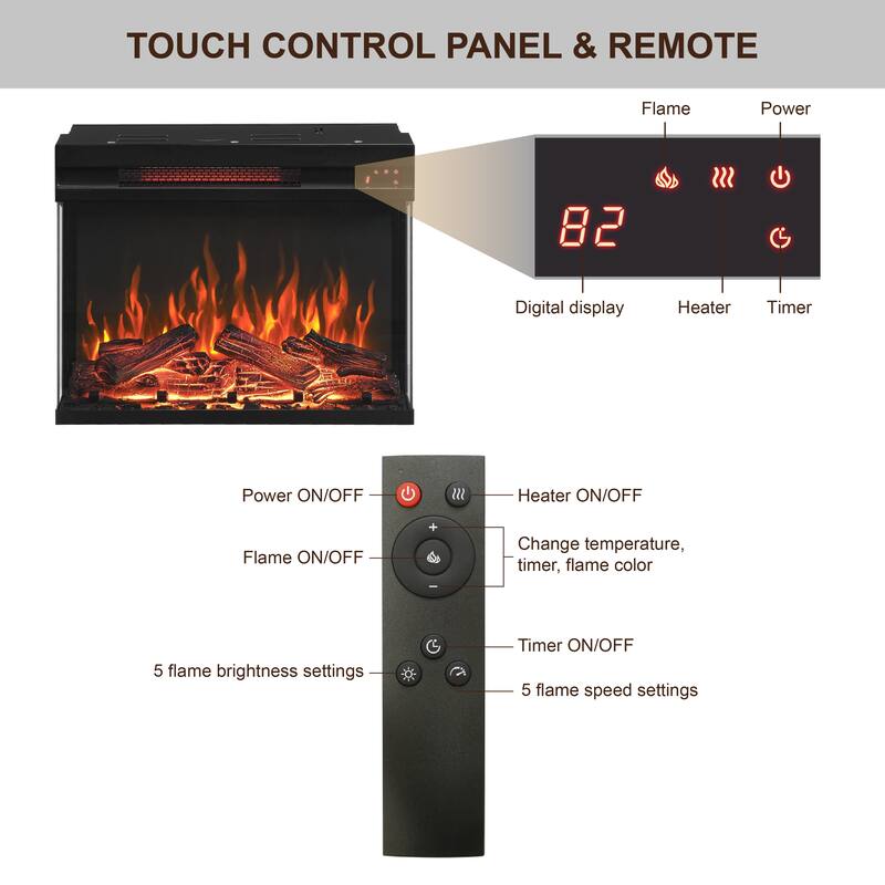 25" Stand Side Table with Electric Fireplace, 3-Sided Glass, Remote Control, 1500W Heater for Living Room
