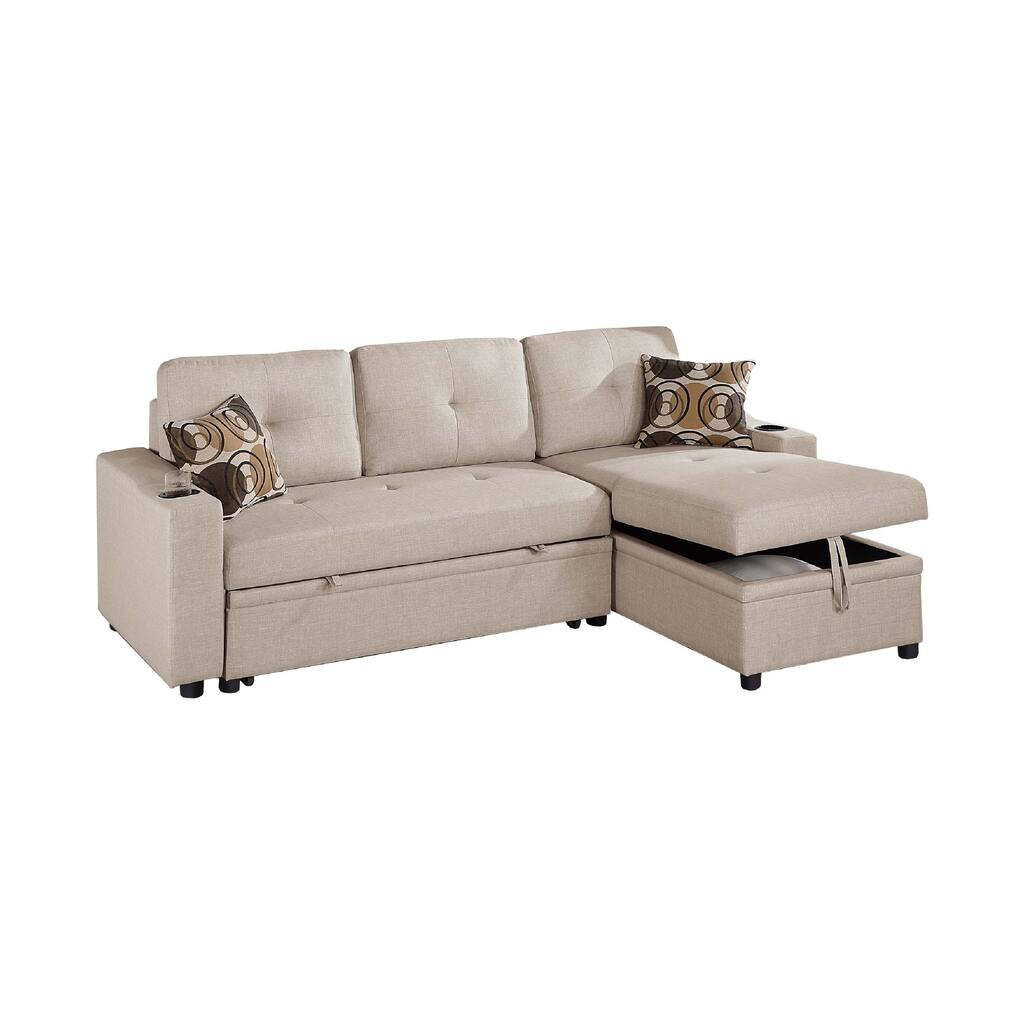 Pero Sectional Sofa Set w Reversible Storage Chaise, 2 Pillows, Beige