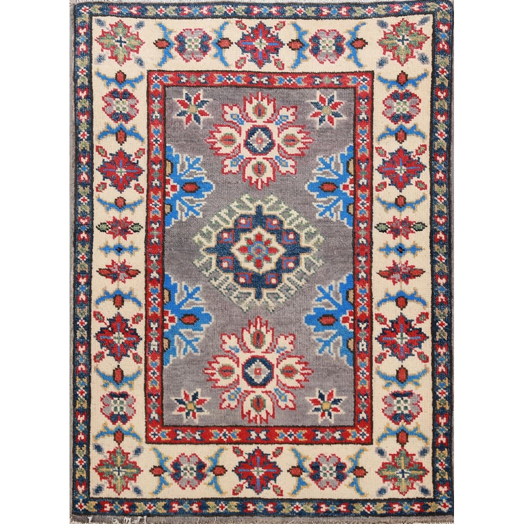 Traditional Gray Kazak Oriental Foyer Rug Hand-Knotted Wool Carpet - 2'0"x 3'0"