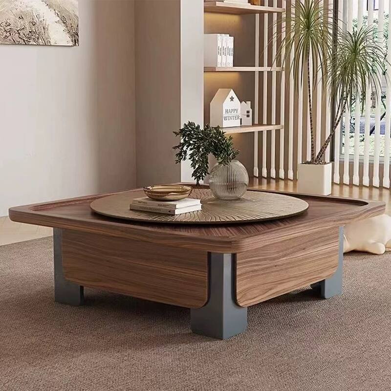 Mid Century 39.37" Square Coffee Table, Brown Walnut Wood