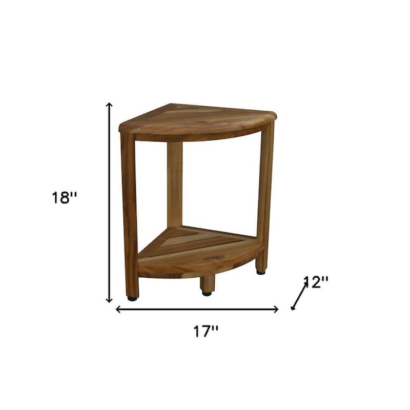 HomeRoots 17" Brown Teak Corner Shower Bench With Shelf - Natural Brown - 18" x 12" x 12"