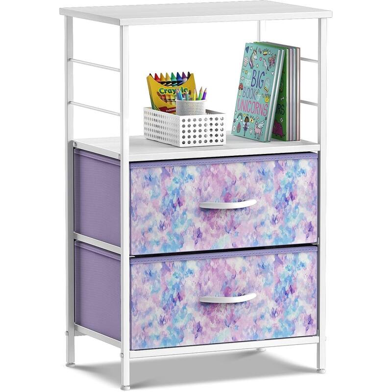 Nightstand 2-Drawer Shelf Storage - Bedside Furniture End Table Chest - Tie-Dye Purple