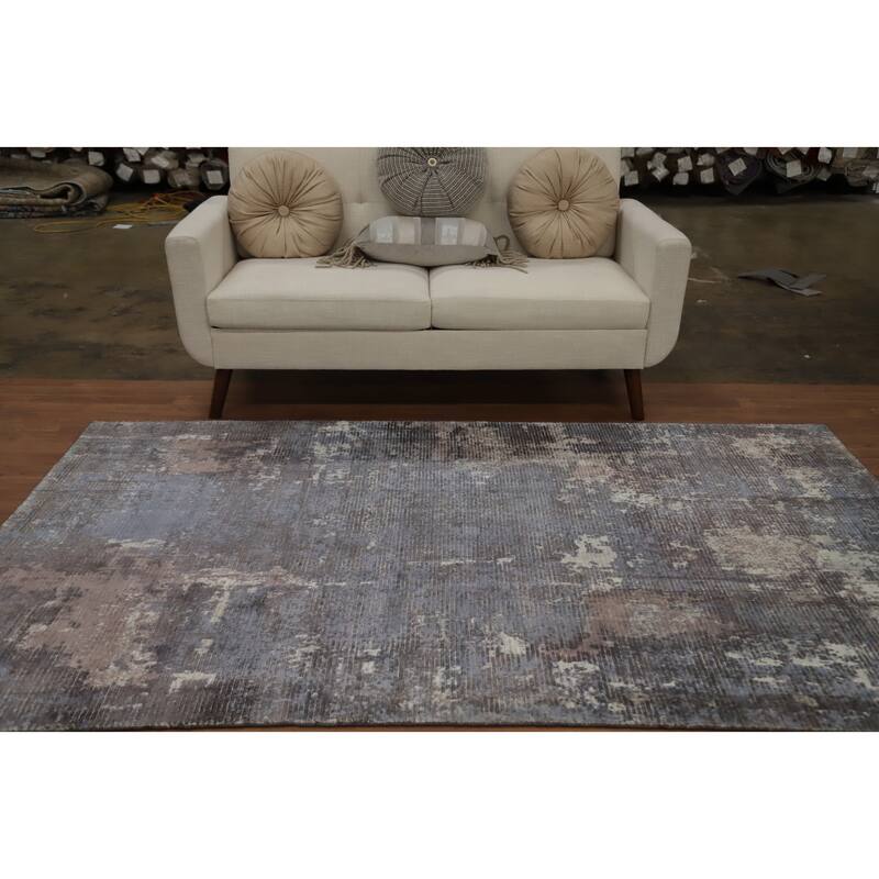 Hand Knotted Oriental Viscose Silk Carpet Modern All-Over Greys & Charcoal Abstract Area Rug - 7' 11'' X 5' 0''