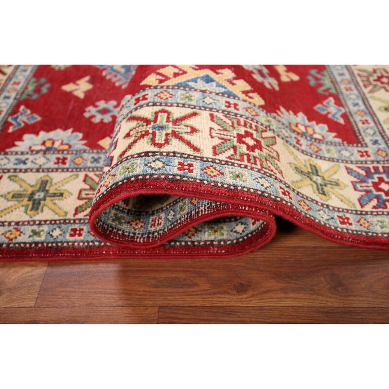 Red Geometric Kazak Oriental Foyer Rug Hand-Knotted Wool Carpet - 3'4" x 5'6"