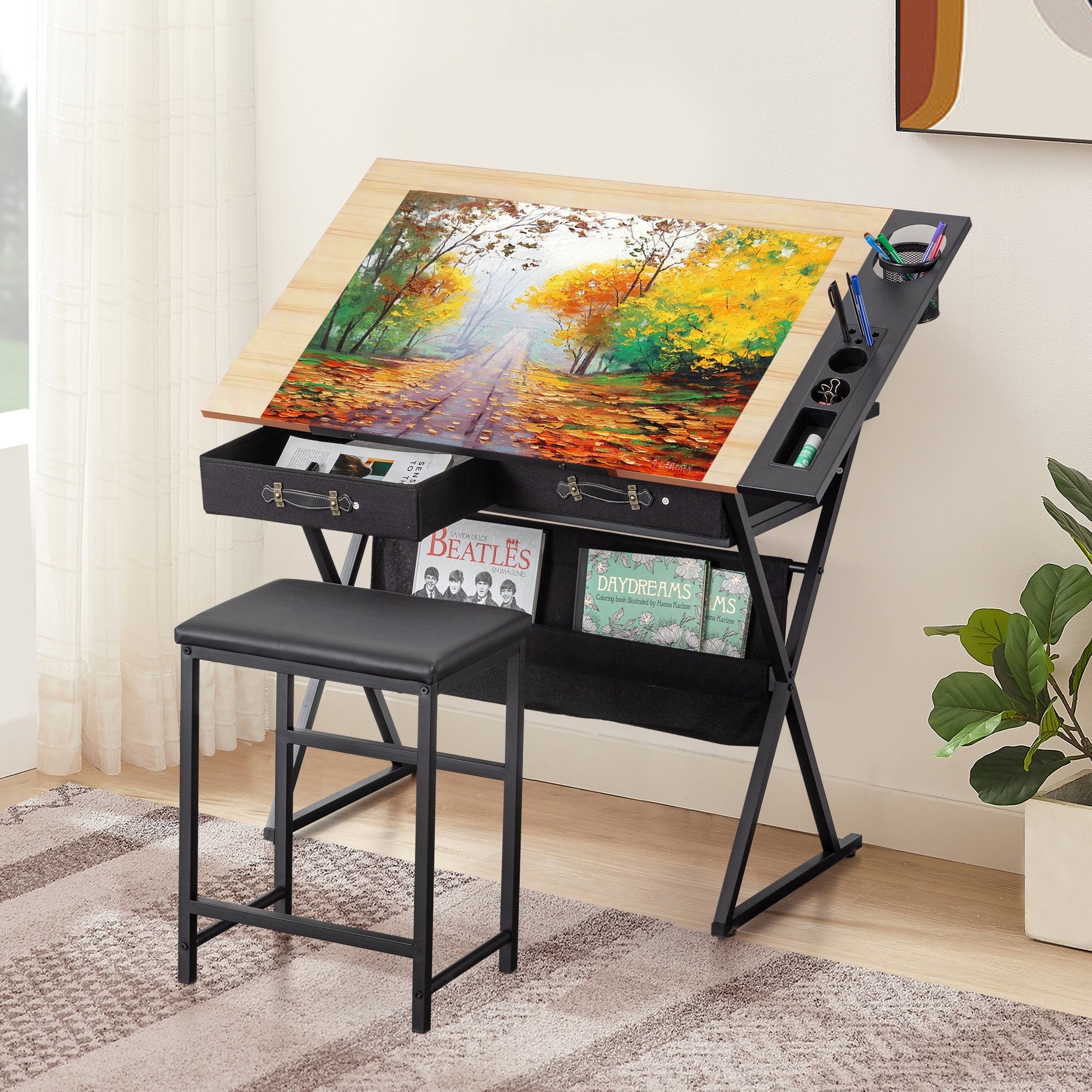 Javlergo Drafting Table Drawing Table Artist Desk Tilting Tabletop Art Craft Desk 2 Storage Drawers and Stool for Home Office