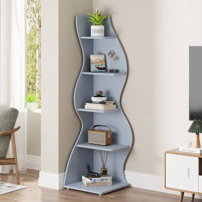 Modern Whimsical 5-Shelf Corner Bookcase Adjustable Wood-Inspired Storage for Home and Office