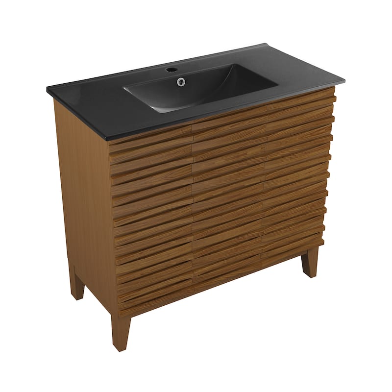 Cascade 36 In. Brown Oak Bathroom Vanity With Black Ceramic Sink Top