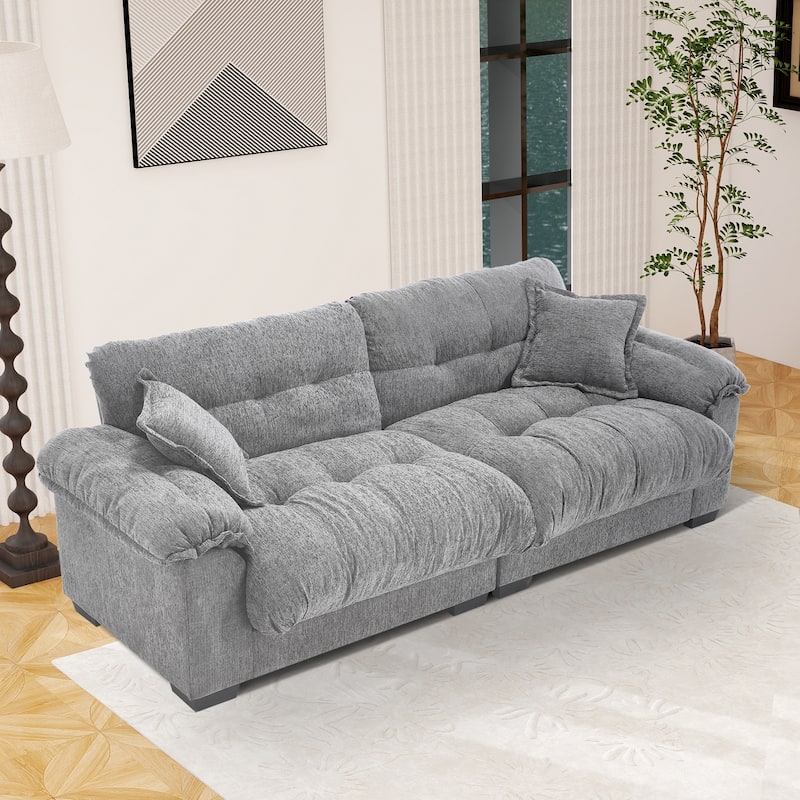 91" Modern Chenille Sofa Tufted Upholstered Couch with Two Throw Pillows for Living Room, Office, Living Room