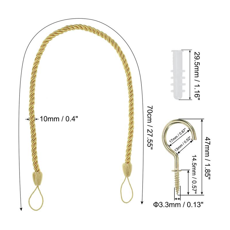 6pcs Curtain Tiebacks Ropes, Decorative Tie Backs with Hooks & Bolts