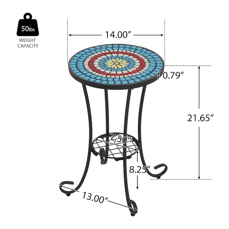 Roomfitters Outdoor Patio Side Table with Ceramic Tile Top and Lower Shelf, Floral