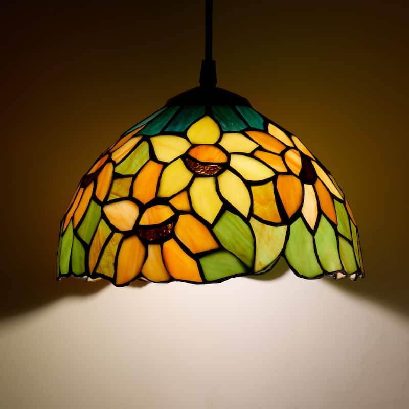 Mademoiselle River of Goods Black Metal and Stained Glass 10-Inch Pendant Light with Adjustable Hanging Cord - 10" x 10" x 72"