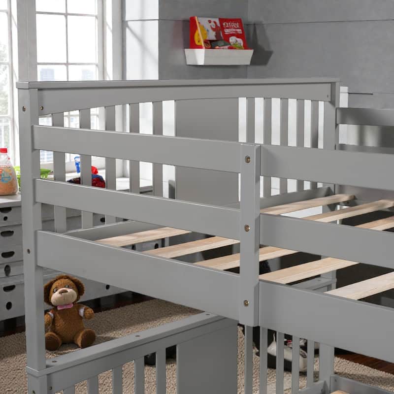 Full Over Full Bunk Bed with Ladder, Solid Wood Convertible Bunk Bed Frame for Bedroom or Guest Room