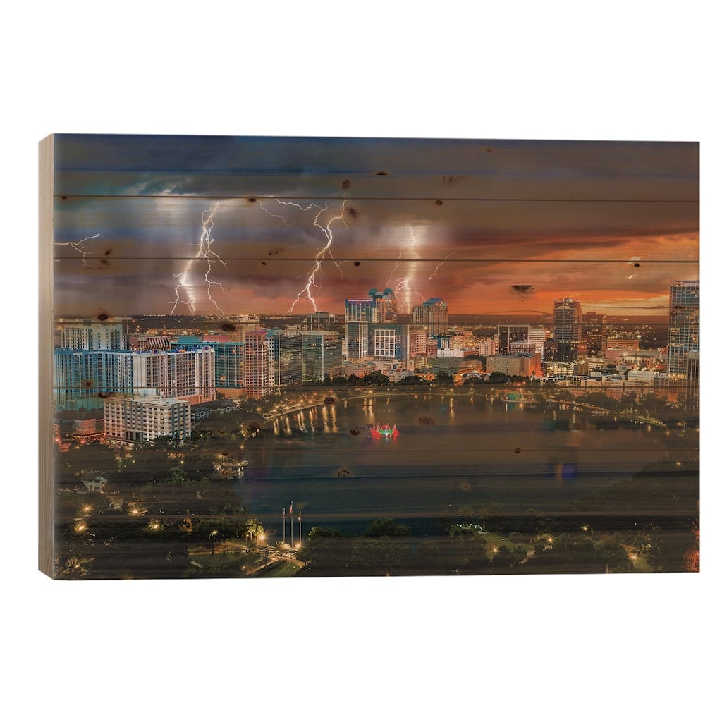 Florida Orlando Downtwon Lake Eola Lgihtning Storm From Above Print On Wood by Alex G Perez - Multi-Color
