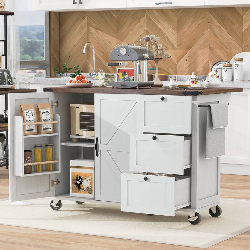 Kitchen Storage Island with Internal Storage Rack, Drop Leaf, Spice Rack, Rolling Kitchen Cart on Wheels