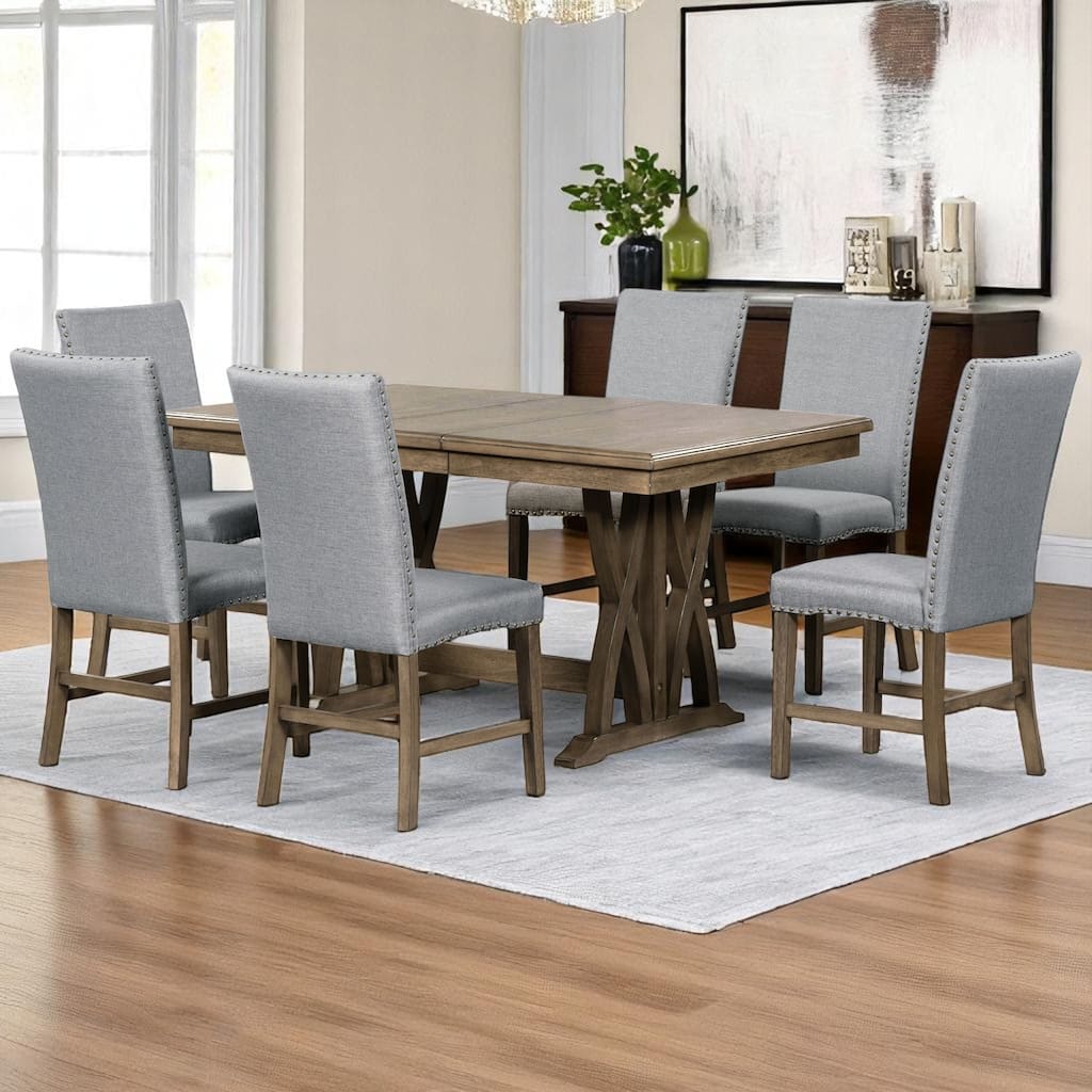 7-Piece Dining Table Set, Extendable Solid Wood Table with 6 Upholstered Chairs and 12" Leaf for Dining Room or Kitchen