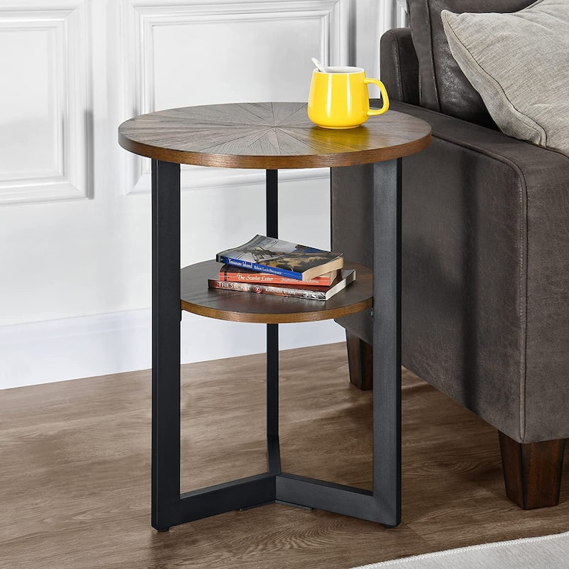 End Table Solid Wood 2-Tier Circle Side Table Nightstand - 19'3" x 24" - Brown