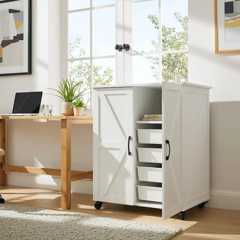 Homy Casa Kitchen Pantry Cabinet Barn Doors Wheels, White Storage