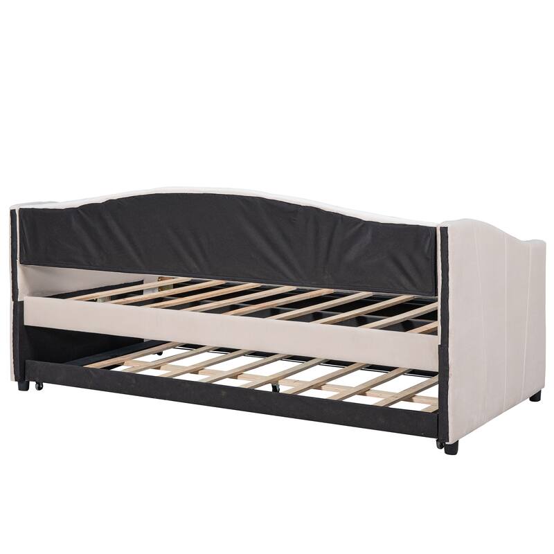 Twin Size Daybed Frame Rays Pattern Design Velvet Upholstered Daybed with 2 Drawers or Trundle, Wood Slat Support