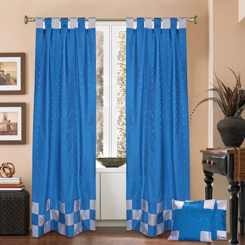4 Pc Set Indian Sari Curtains & Cushion Covers Boho Tab Top Living Room Bedroom