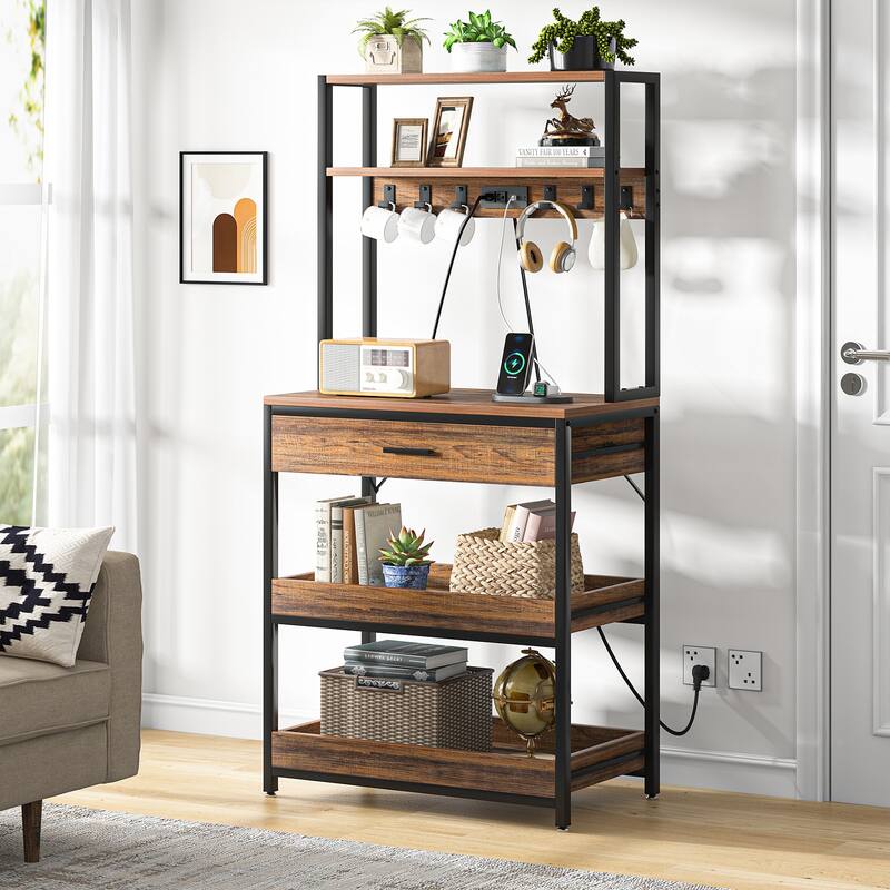 Kitchen Bakers Rack with Power Outlets, High Utility Storage Shelves Microwave Stand with Drawers