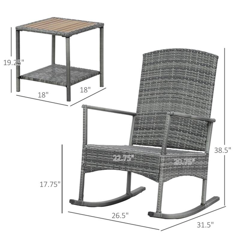 Grey-Brown-Cream Outdoor Rocking Bistro Chair Set with PE Rattan and Glass Table - 26.5" W x 31.5" D x 38.5" H