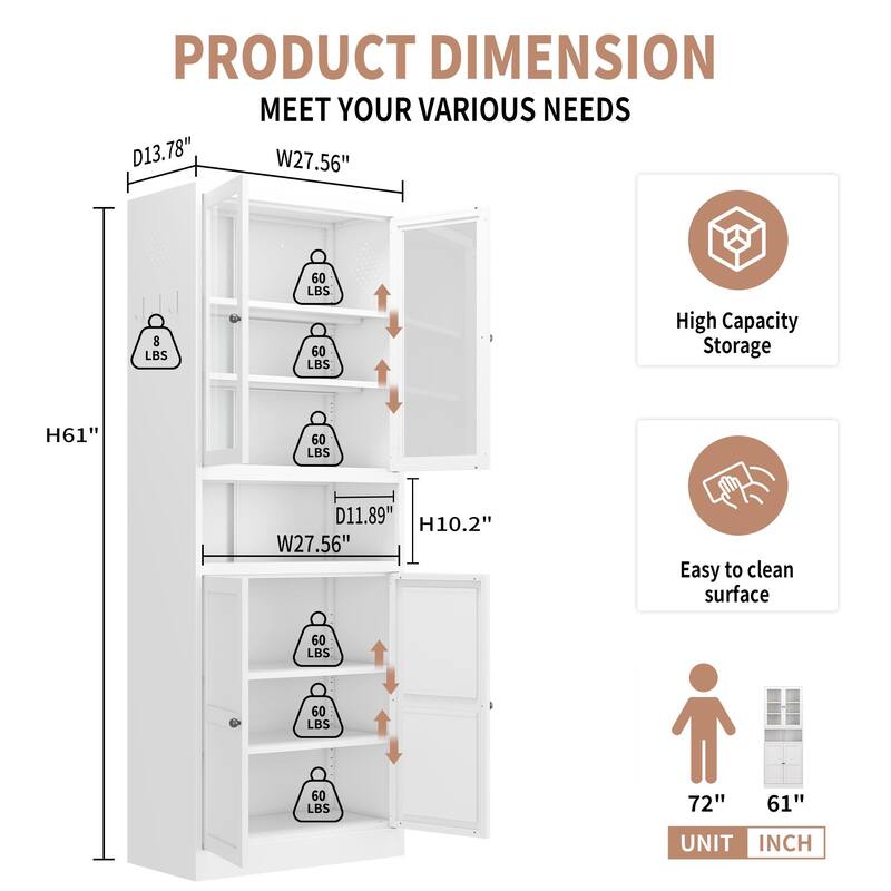 Metal Kitchen Pantry Cabinet - 72" Tall Storage with Adjustable Shelves, Heavy Duty Stainless Steel Frame, Freestanding Cabinet