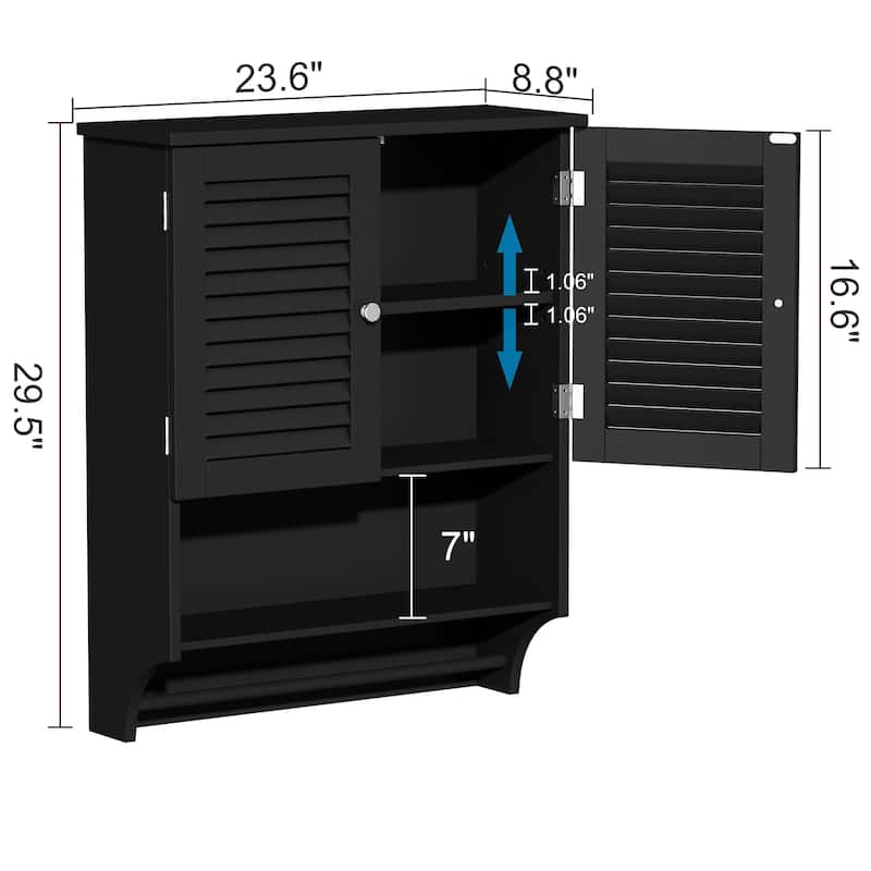 Wall-Mounted Bathroom Cabinet with Louvered Doors, Open Shelf, Adjustable Shelves & Towel Bar,White