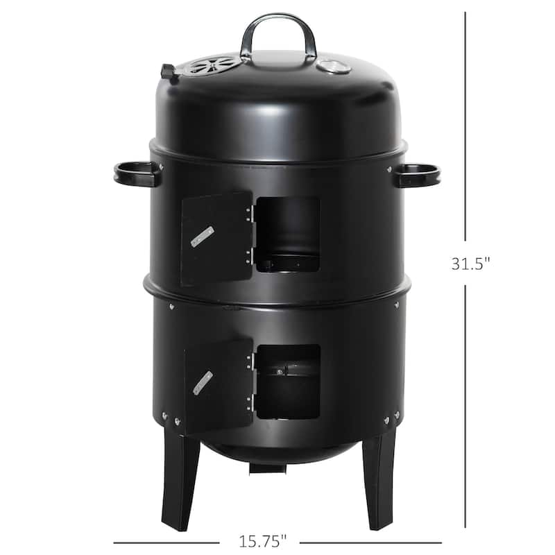 Outsunny Vertical Charcoal BBQ Smoker, 3-in-1 16" Round Charcoal Barbecue Grill with 2 Cooking Area Thermometer