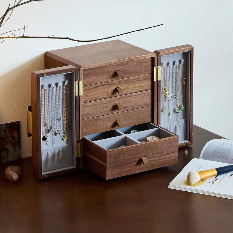 Handcrafted Black Walnut Wooden with Velvet Interior Jewelry Organizer - Ideal for Rings, Earrings & Bracelets