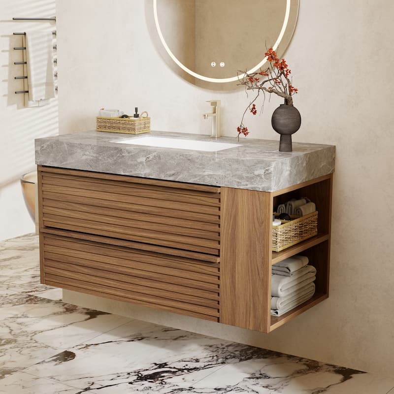 Modern 36" Bathroom Vanities, Sintered Stone Tabletop, Sold wood Cabinets, 2 Drawers& 2 Adjustable Shelves, Not Assembled Need