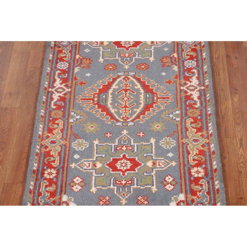 Blue Geometric Khotan Oriental Runner Rug Handmade Wool Carpet - 2'6"x 10'0"