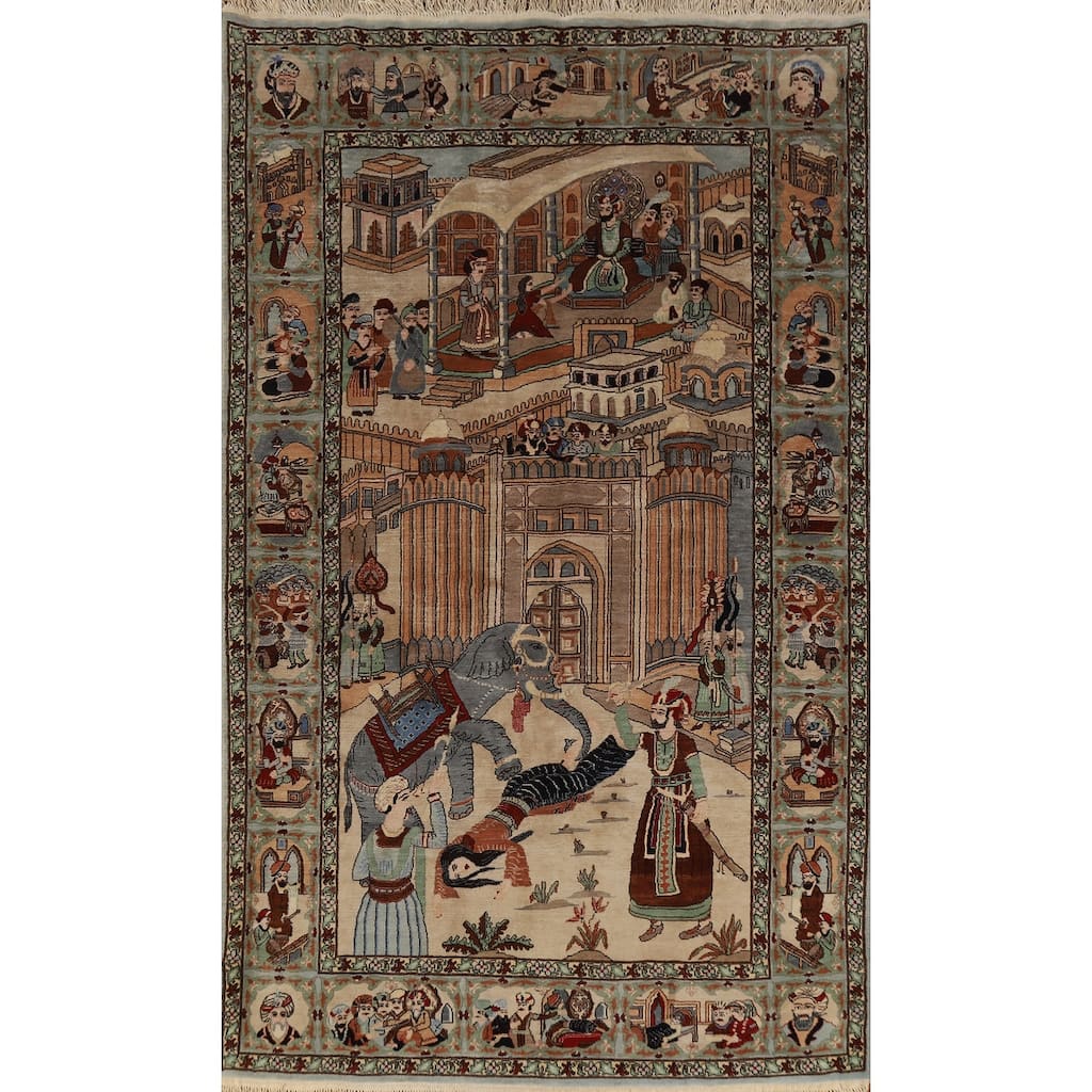 Hand Knotted Oriental 100% Wool Carpet Traditional Pictorial Beige & Ivories Tabriz Area Rug - 7' 5'' X 4' 8''