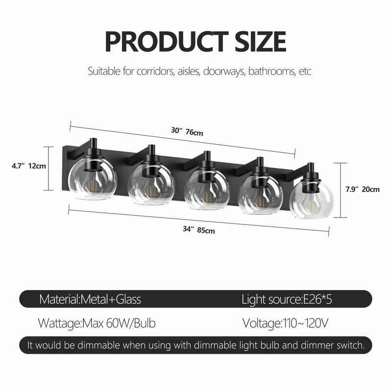 Bathroom Light Fixtures Over Mirror 5-Lights Bathroom Vanity Light with Clear Globe Glass Shade Modern Black Vanity Light