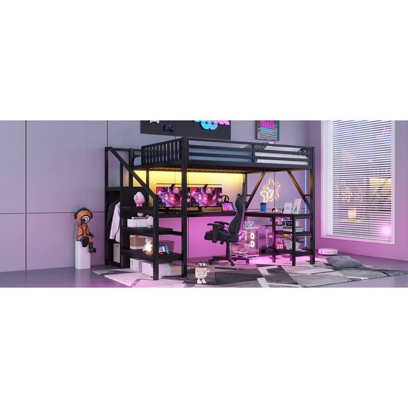 Roomfitters Full/Queen Loft Platform Bed, L-Shaped Desk and LED Wardrobe with Metal Frame for Bedroom or Guest Room