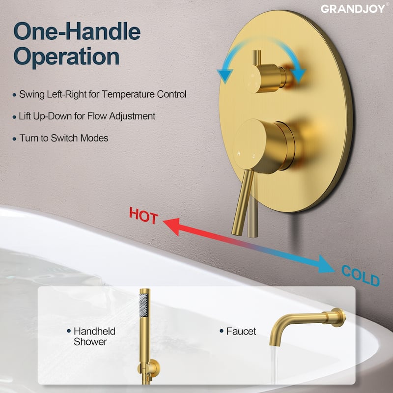 GRANDJOY Wall Mounted Tub Shower Faucet Set with Rotating Bathtub Spout and Handheld Shower